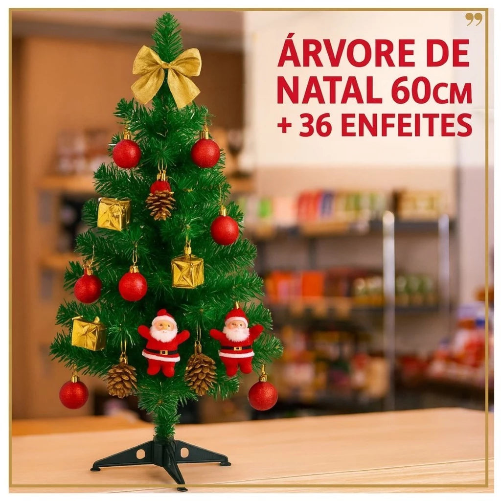 Kit Árvore de Natal Completa 60cm + 36 Enfeites Decorativos 🎄🎅