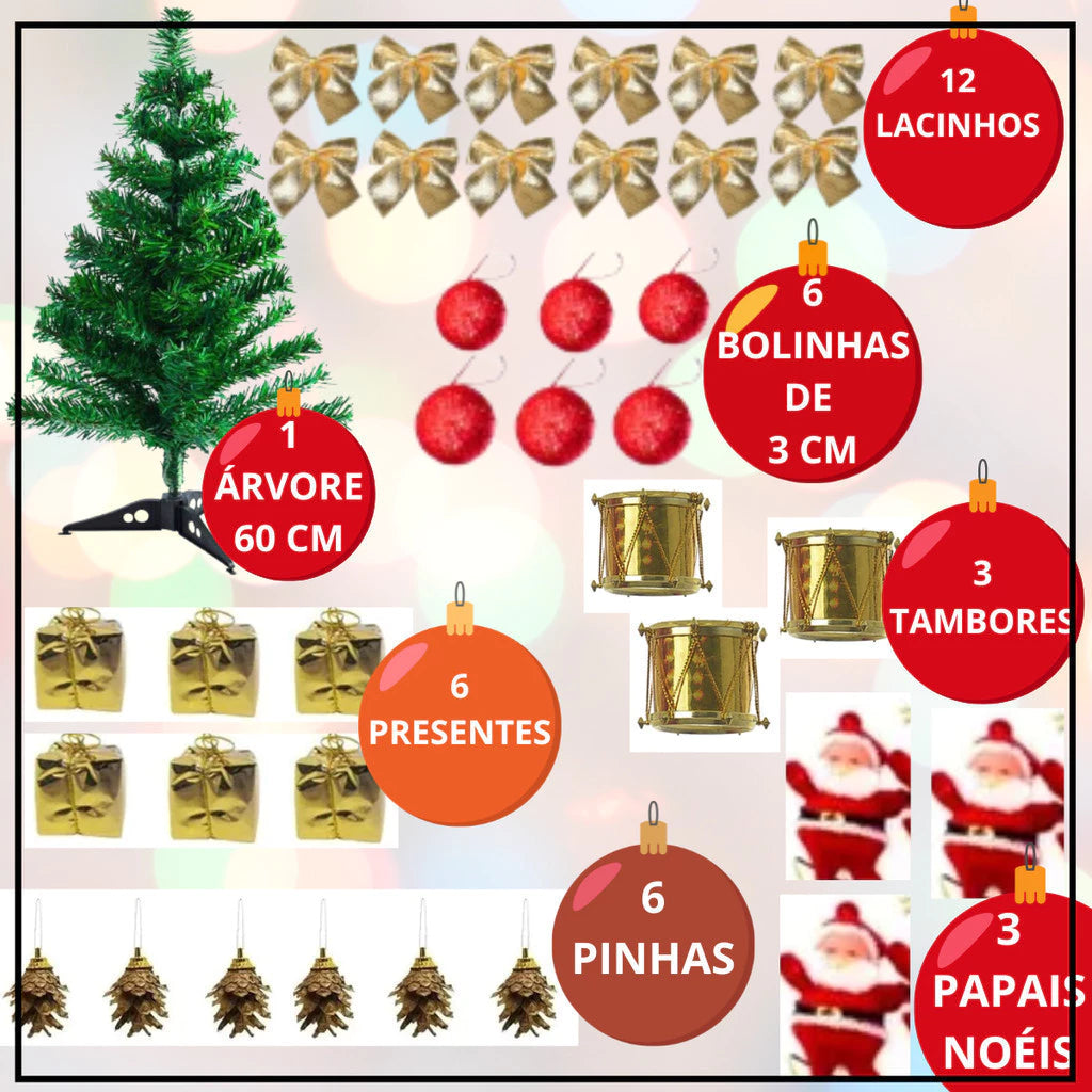 Kit Árvore de Natal Completa 60cm + 36 Enfeites Decorativos 🎄🎅