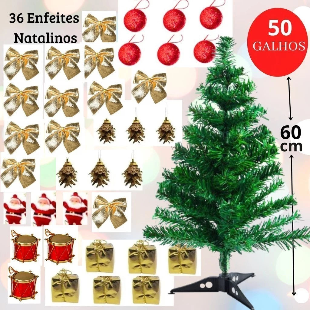 Kit Árvore de Natal Completa 60cm + 36 Enfeites Decorativos 🎄🎅